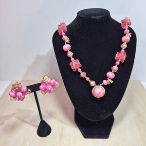 Vintage Hong Kong Pink Marbled Bead Necklace and Clip-On Earring Set Floral